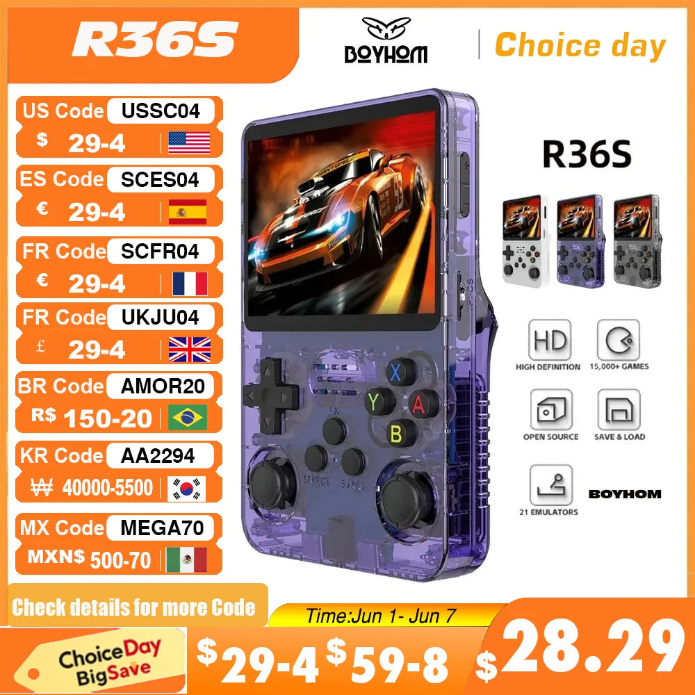 Open Source R36S Retro Handheld Video Game Console Linux System 3.5 Inch IPS Screen Portable Pocket Video Player R35S 64GB Games