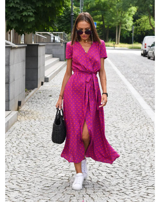 Summer Polka Dot Split Hem Long Dress Women 2023 New Fashion V Neck Print Sundress Vestidos Short Sleeved Waisted Lace-up Dress