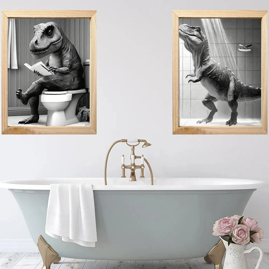 T-Rex Dinosaur Kids Bathroom Art Canvas Painting Dino Shower Poster Wall Dinosaur Themed Picture Living Room Home Toilet Decor