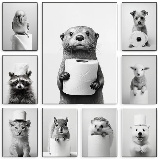 Black and White Cute Animal and Toilet Paper Poster