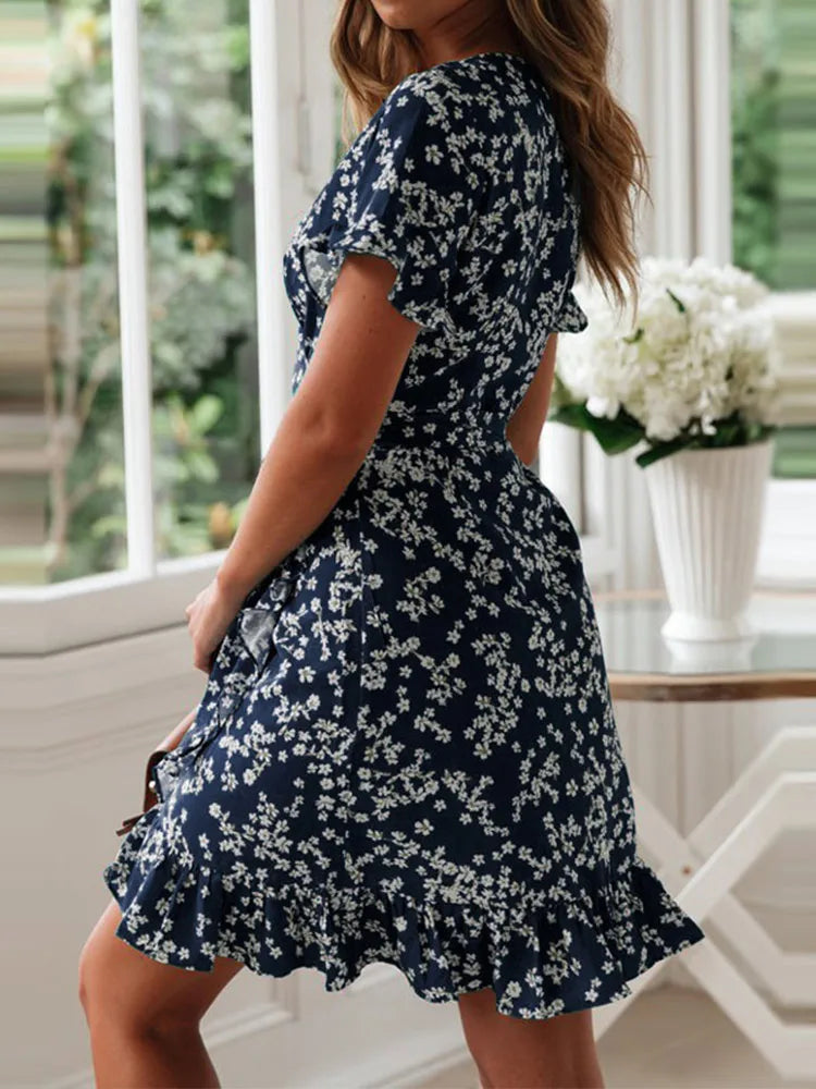 Boho Floral Print Ruffles Women Dress