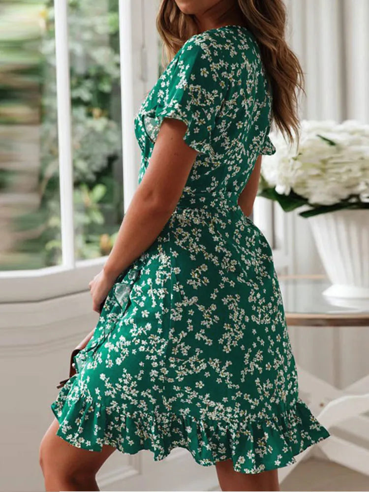 Boho Floral Print Ruffles Women Dress