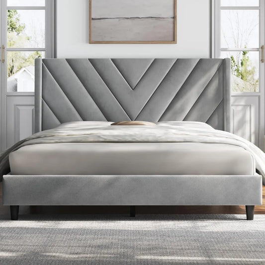 Upholstered Platform Bed with Wing Side/Wooden Slat Support