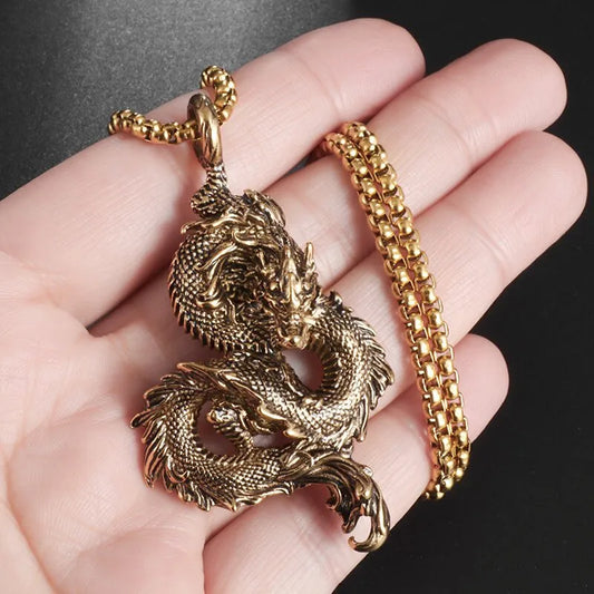 Vintage Punk Gold Color Dragon Pendant Necklace Zodiac Dragon Necklace Statement Necklace Jewelry Gifts for Men Women