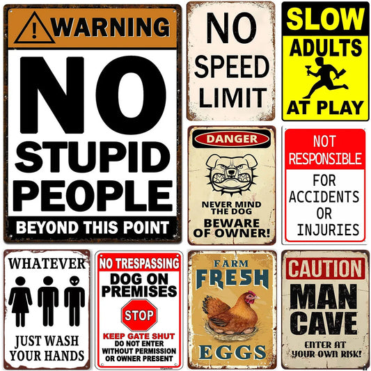 Vintage Warning Metal Tin Signs No Stupid People Beyoud this Point Wall Decor for Home Bars Garage Cafe Club Man Cave Pubs Retro