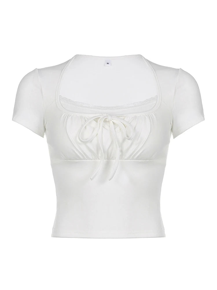 Casual White Knitted Lac Patched Female T-shirts